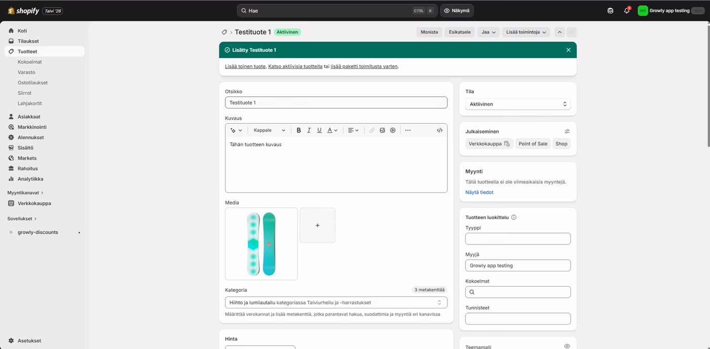 Tuotteen lisääminen Shopify-hallintapaneelissa